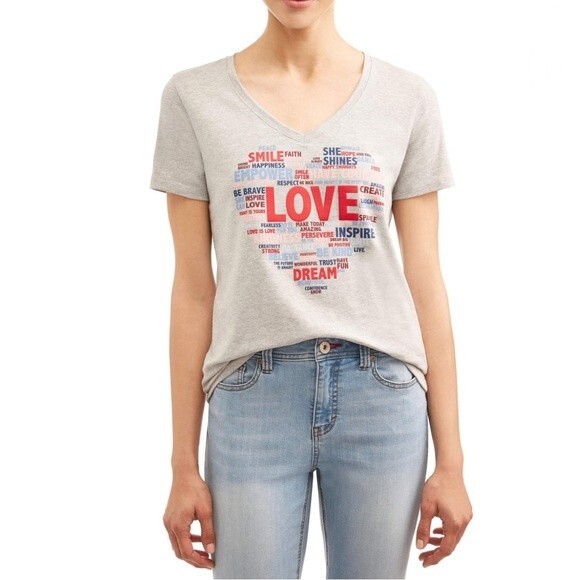 Love Word heart shape gray Vneck TShirt Size Small - Picture 1 of 6